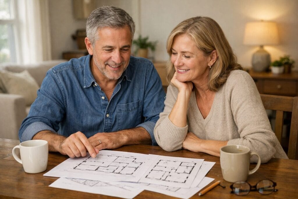 Empty-nester couple in Tulsa reviewing floor plans at home