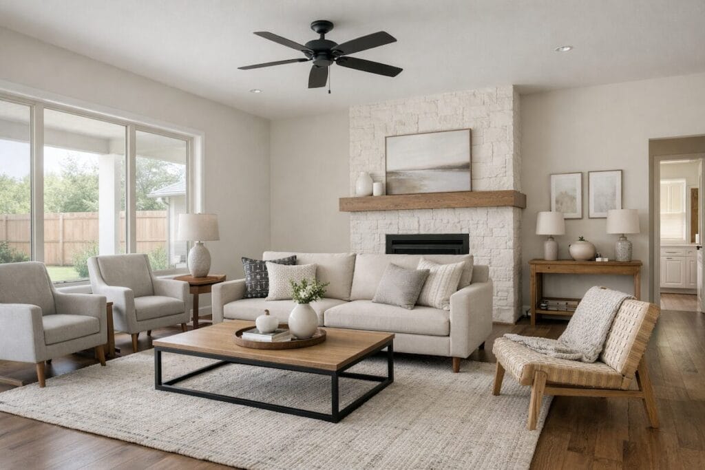 Staged living room in a Tulsa home ready for showings