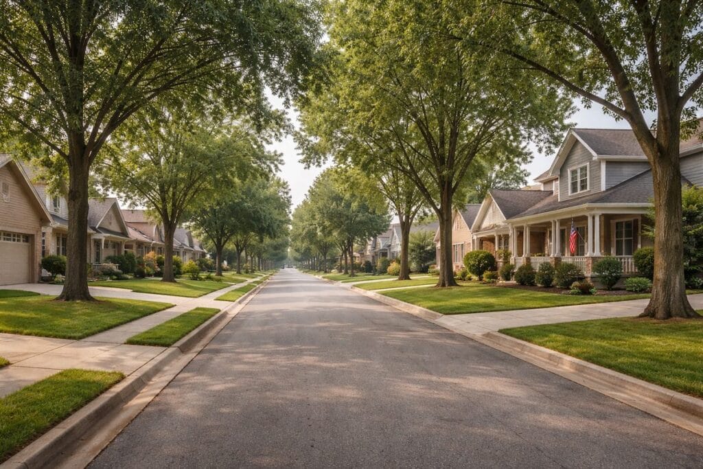 Tulsa metro neighborhood with single-family homes and sidewalks