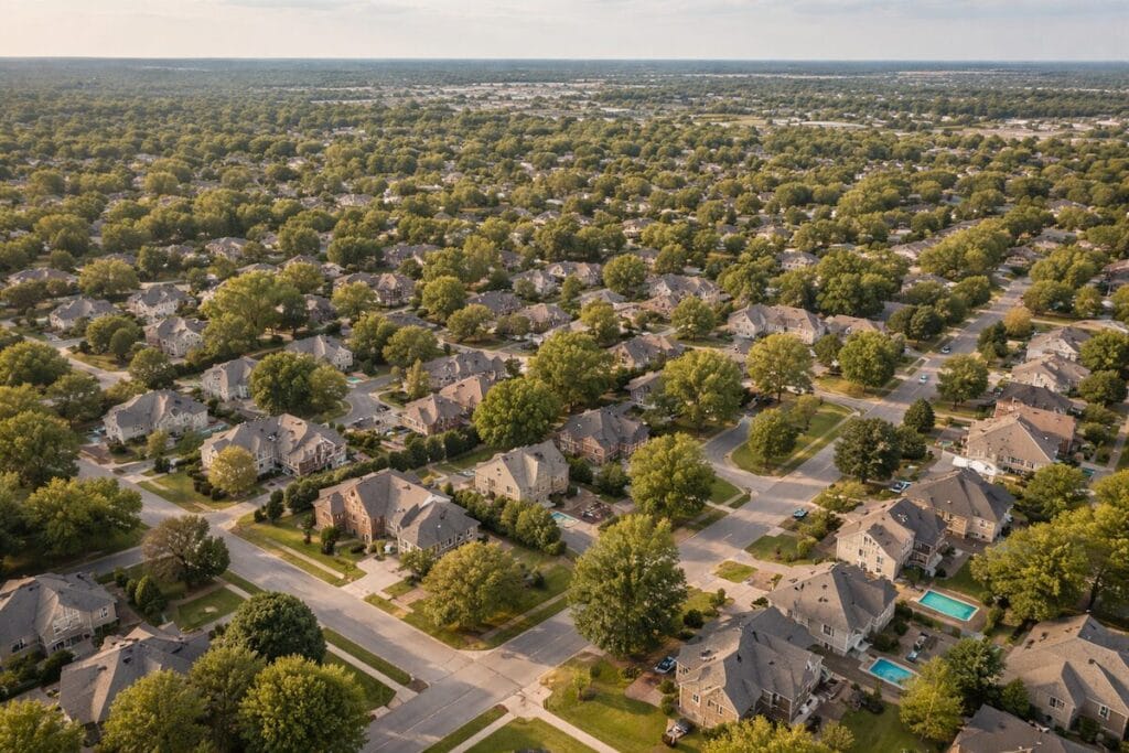 Wide view of Tulsa metro suburbs with residential neighborhoods and mature trees
