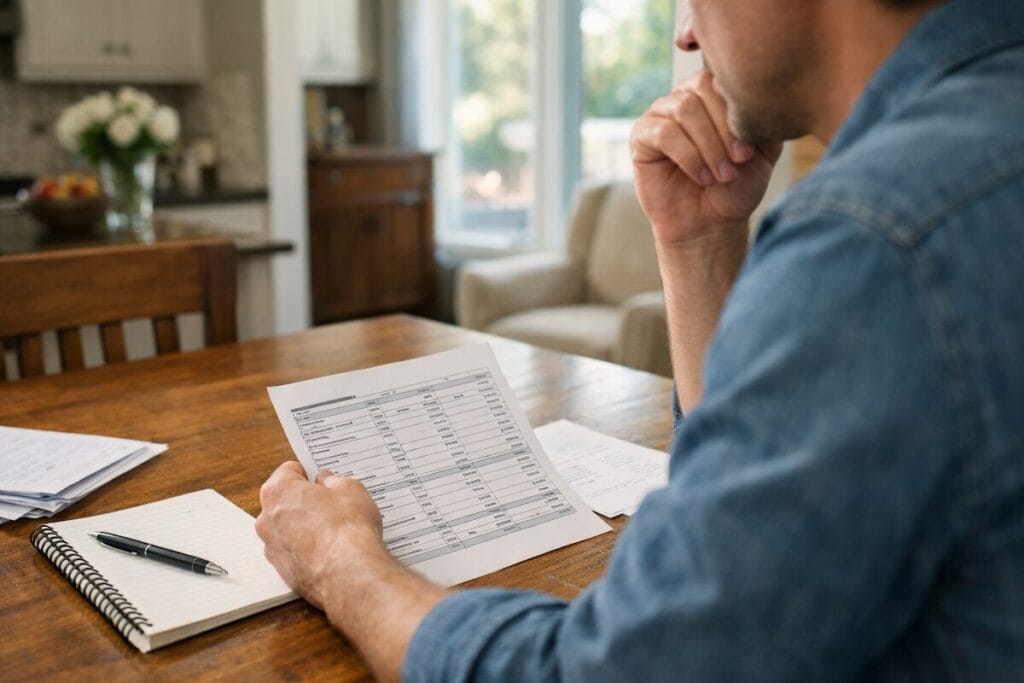 Homebuyer reviewing a net sheet and financial paperwork at a kitchen table in a Tulsa home
