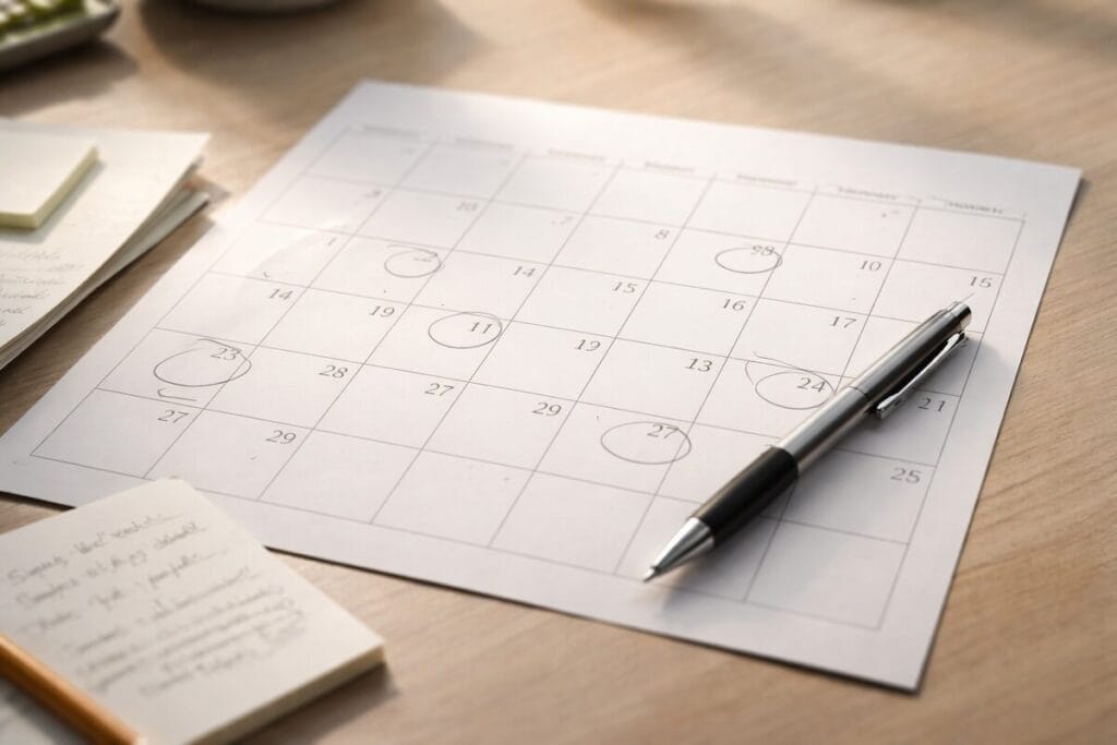 Paper calendar and notes used for homebuying timeline planning