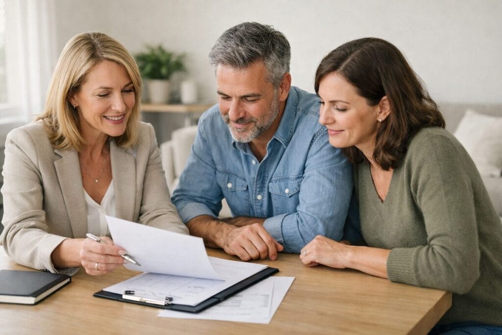 Real estate agent meeting with move-up buyers