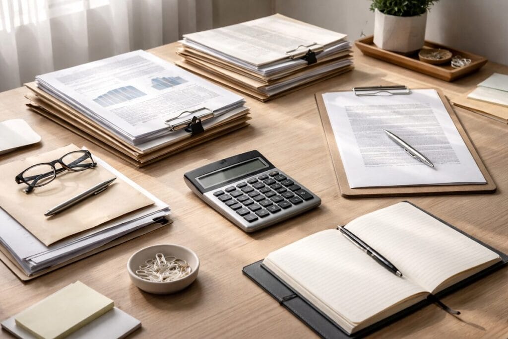 Organized estate paperwork and calculator for Tulsa probate administration