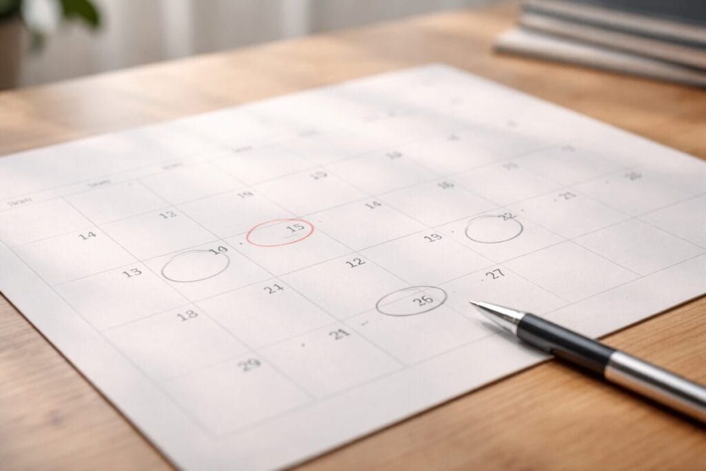 Paper calendar with dates marked to plan real estate timelines