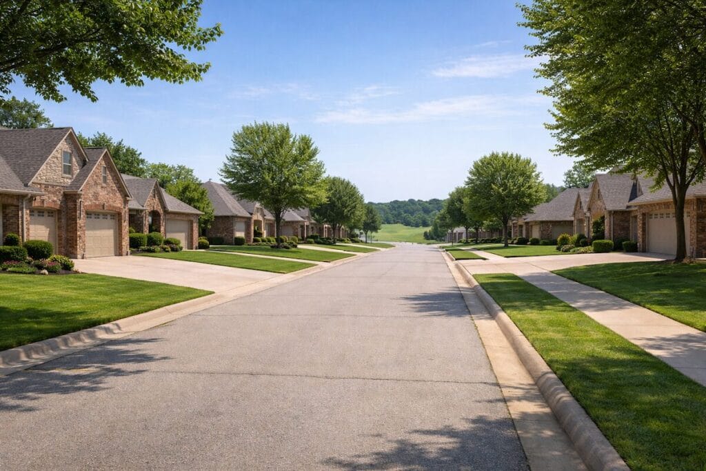 Residential street view of Belle Trace II at Battle Creek Broken Arrow OK featuring brick homes and three-car garages
