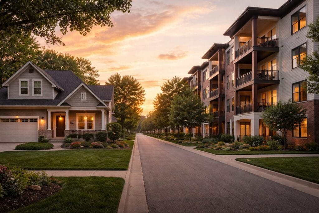 Comparison of a single-family home and apartment building illustrating buy or rent in Tulsa