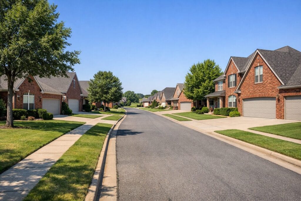 Residential street in Gettysburg at Battle Creek Broken Arrow OK featuring established brick homes and mature landscaping