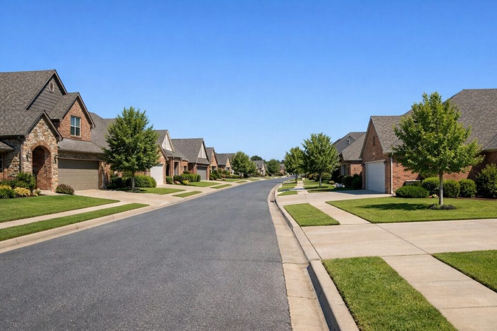 GreenBrier at Battle Creek Broken Arrow OK residential street with brick homes and sidewalks