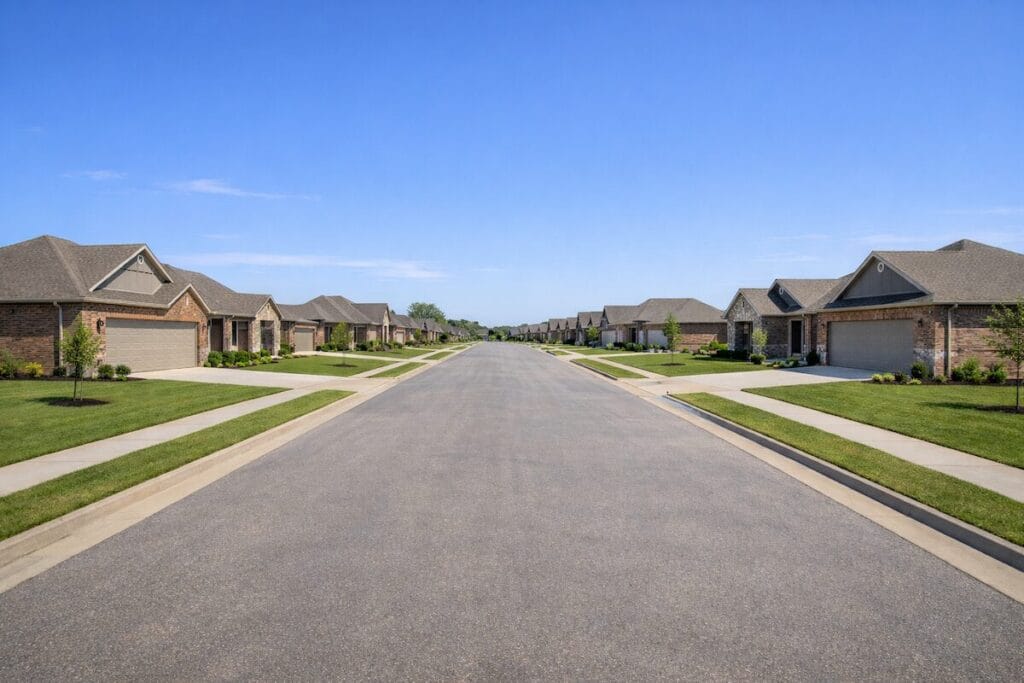 Residential street view of Honey Springs at Battle Creek Broken Arrow OK featuring new single-story brick homes