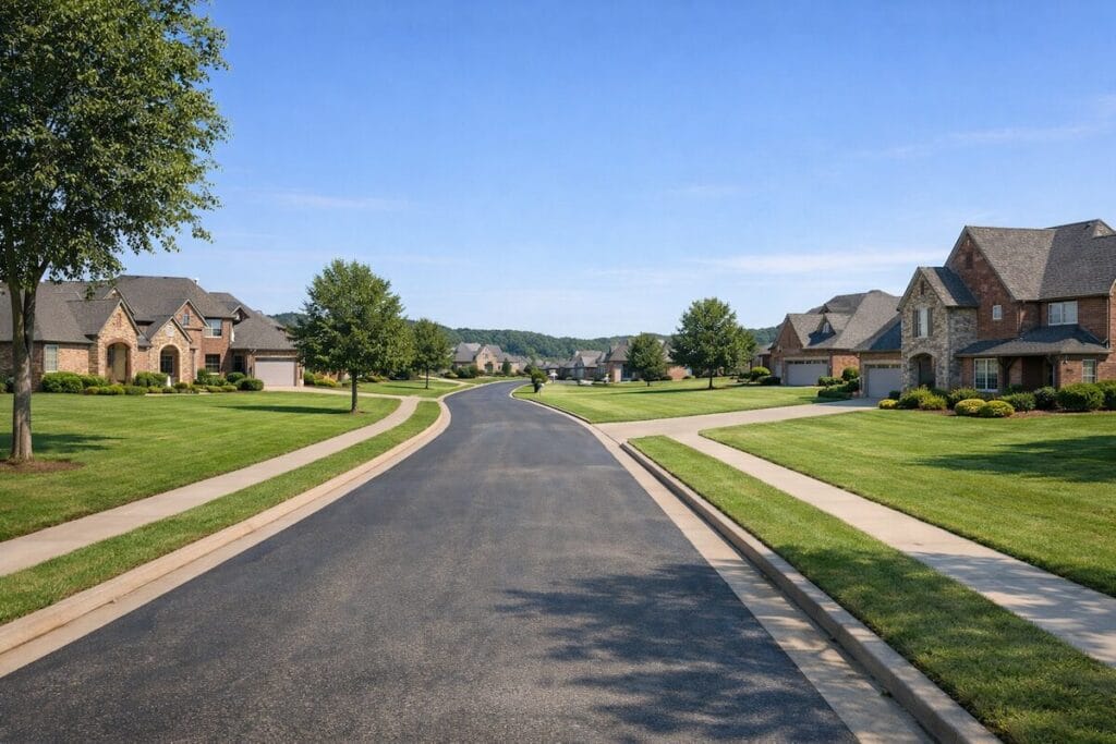Residential street view in Reflection Ridge at Battle Creek Broken Arrow OK showing upscale brick homes in a gated golf course community