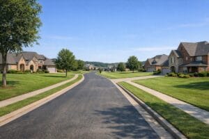 Residential street view in Reflection Ridge at Battle Creek Broken Arrow OK showing upscale brick homes in a gated golf course community