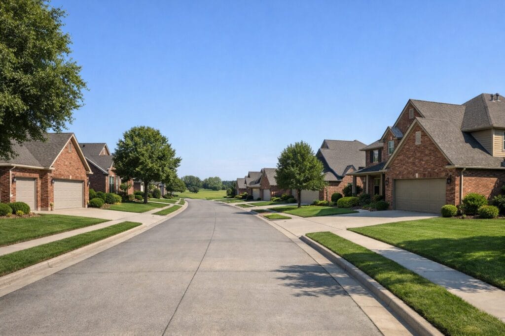 Residential street in Shenandoah Valley at Battle Creek Broken Arrow OK showing brick homes with golf course community setting