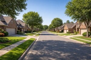 Residential street view of Shiloh at Battle Creek Broken Arrow OK featuring traditional brick homes and mature landscaping