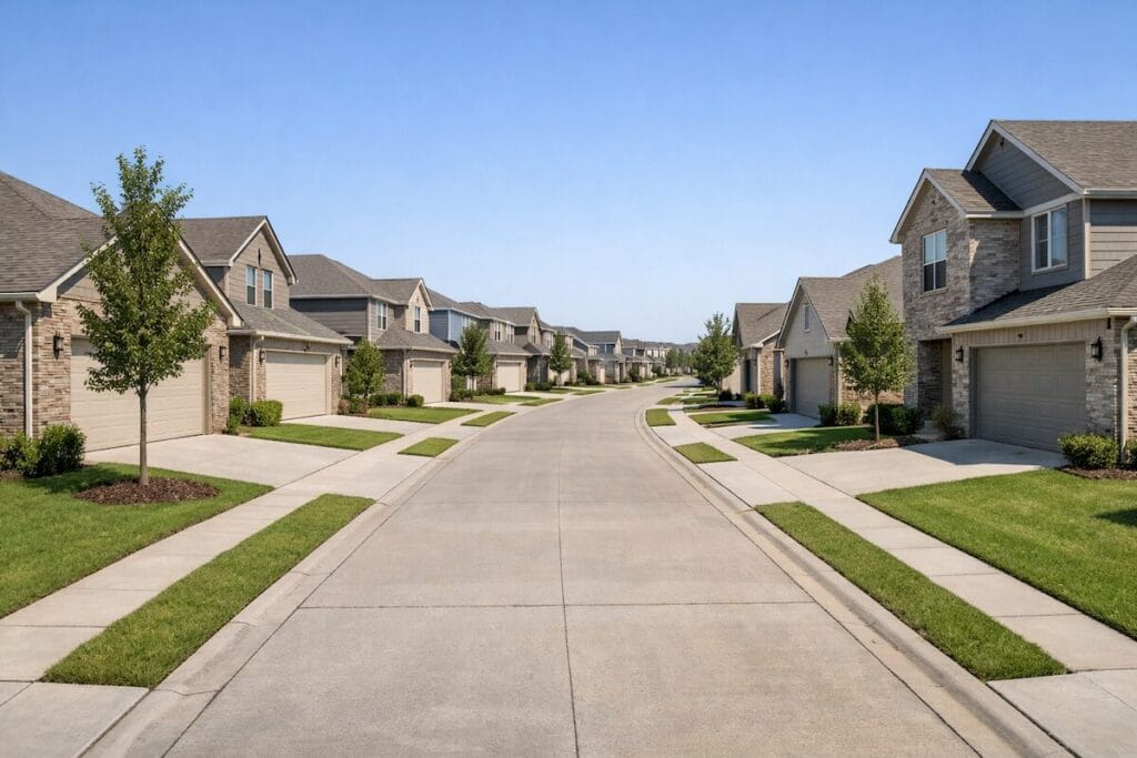 Residential street view of The Crossing at Battle Creek Broken Arrow OK showing newer brick homes with sidewalks and two-car garages