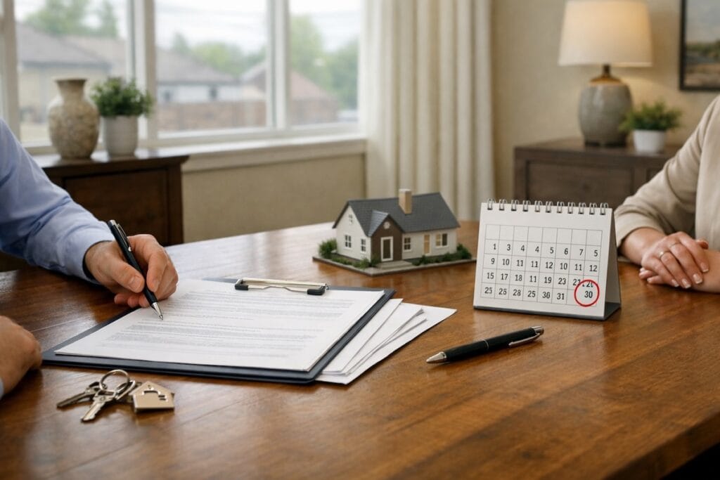 Under contract in Tulsa signing day at a local title company office with paperwork and house keys on the table