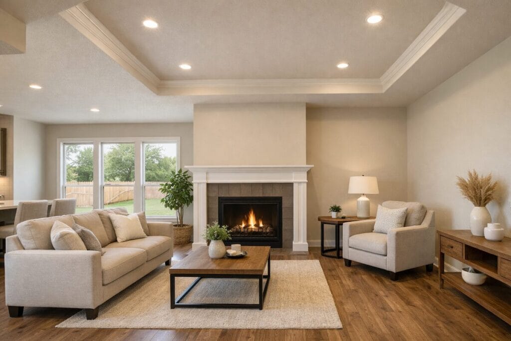 Open concept living room with fireplace in a newer Broken Arrow single-story home