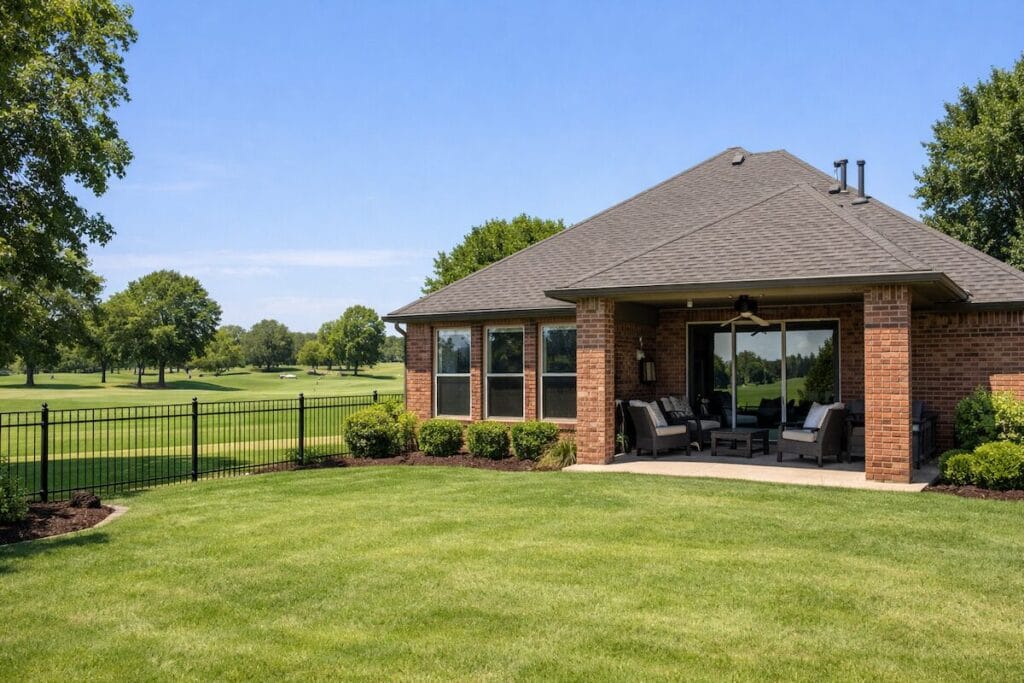 Single-story brick home backing to Battle Creek Golf Course in Broken Arrow
