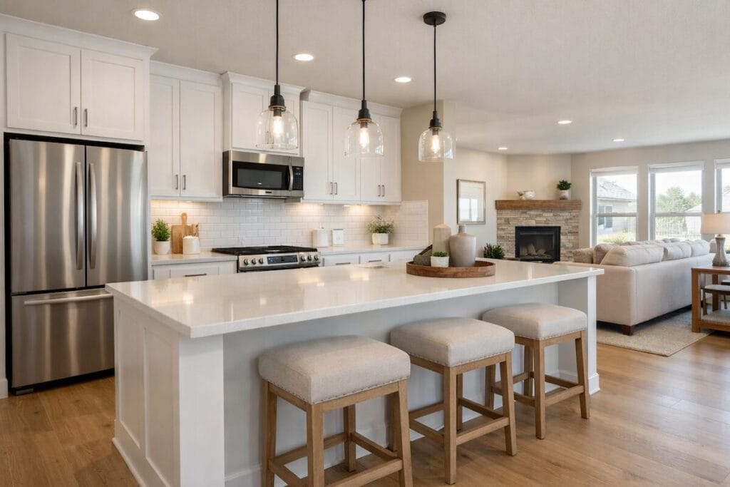 Open-concept kitchen with quartz countertops in a new Honey Springs home