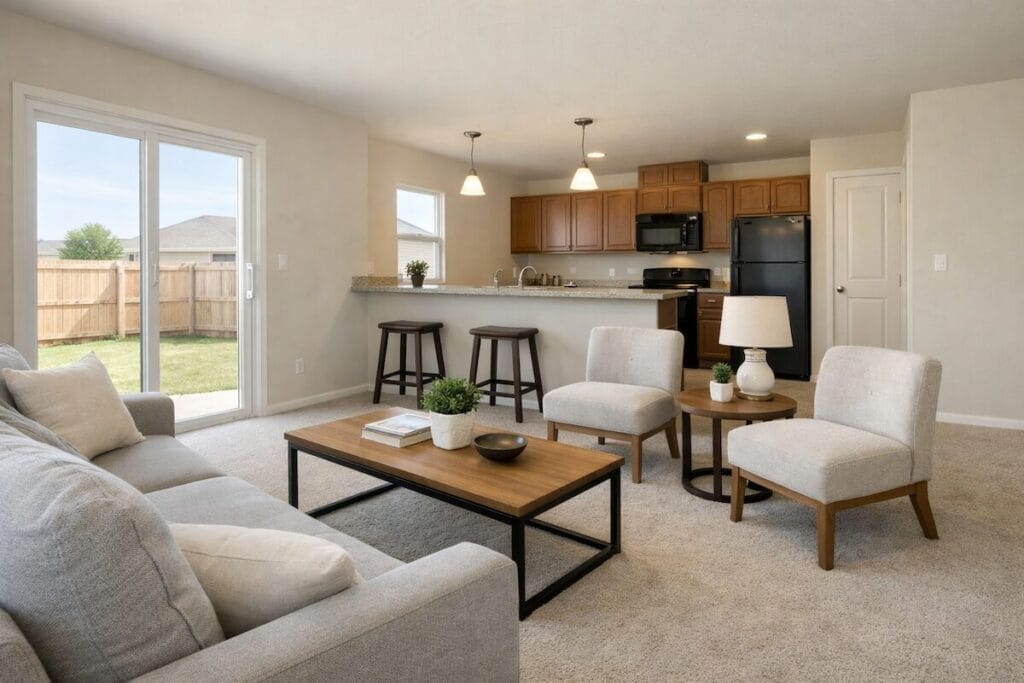 Open concept living room with neutral finishes in a newer Broken Arrow home