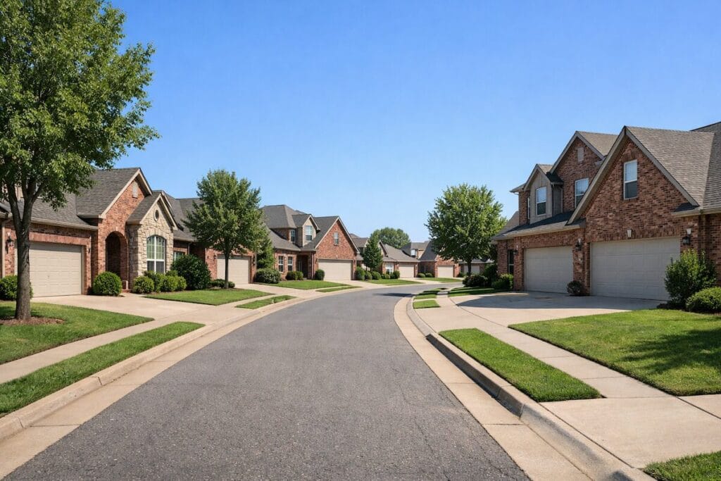 Residential street view inside Magnolia Gardens with brick homes and sidewalks