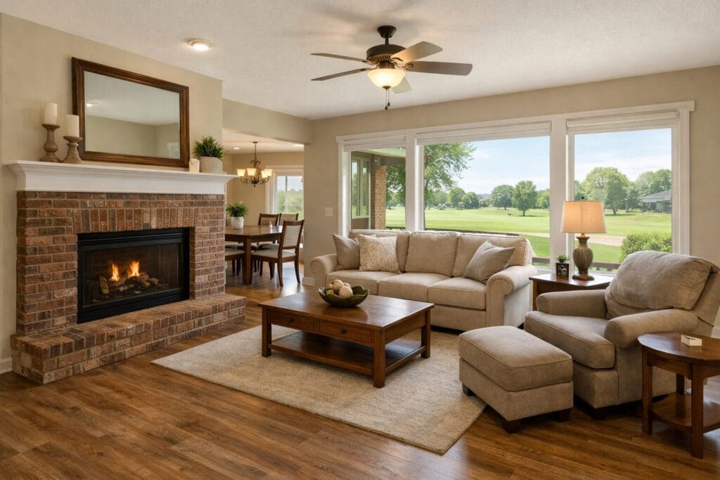 Living room with brick fireplace and large windows in a Shenandoah Valley home in Broken Arrow