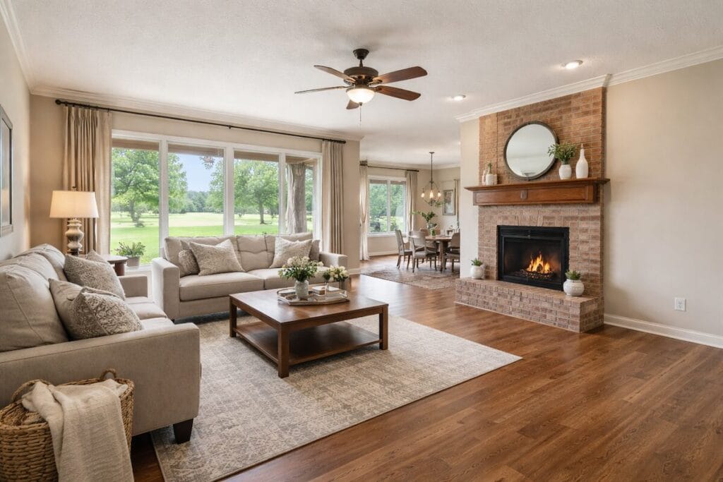Primary living room in a Shiloh at Battle Creek home with brick fireplace and rear golf course view