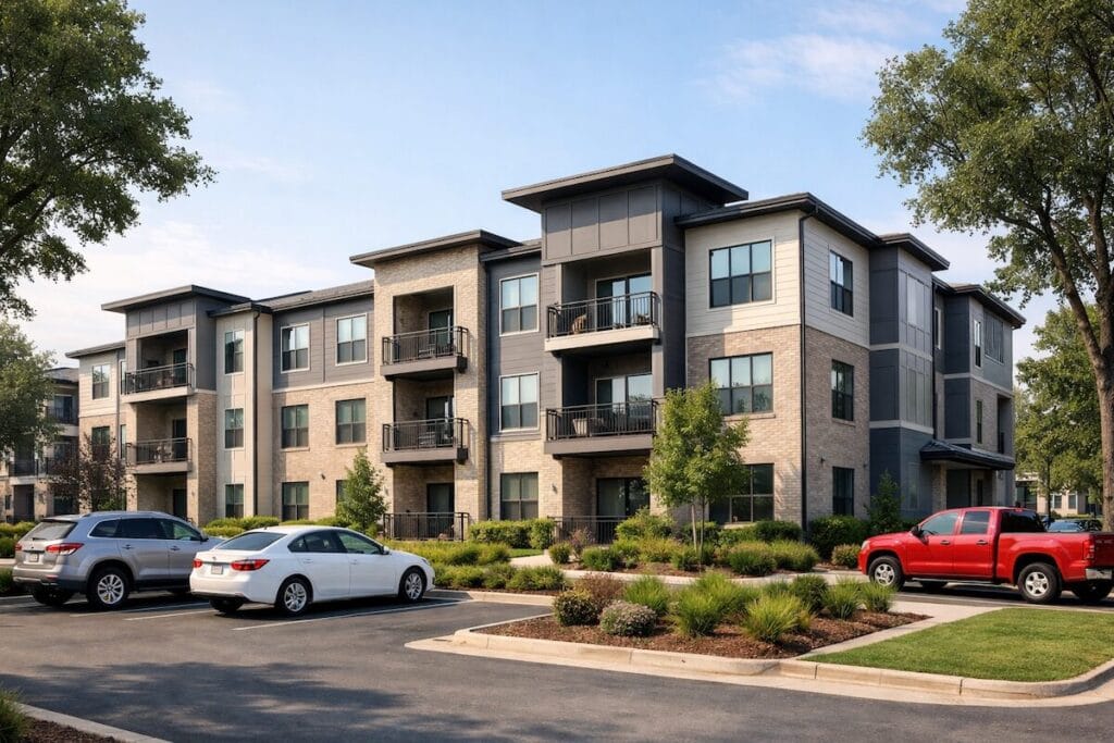 Modern apartment complex exterior in Tulsa metro area