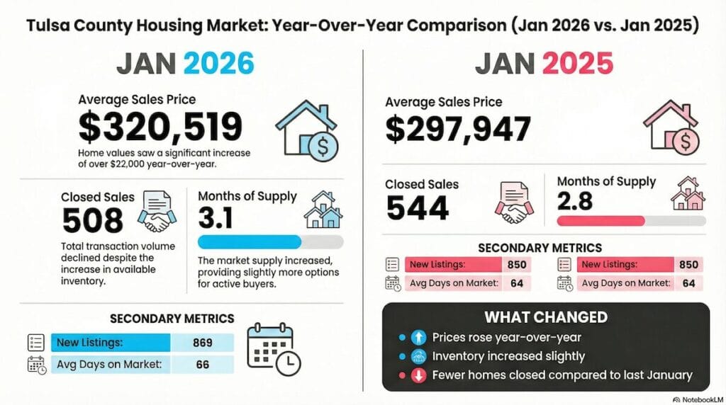 Tulsa County housing market snapshot showing average price, inventory, and days on market in January 2026