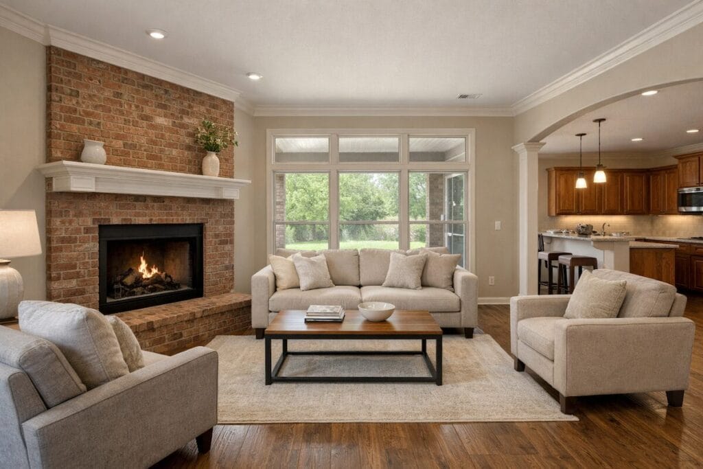 Living room with brick fireplace in a Broken Arrow Oklahoma home