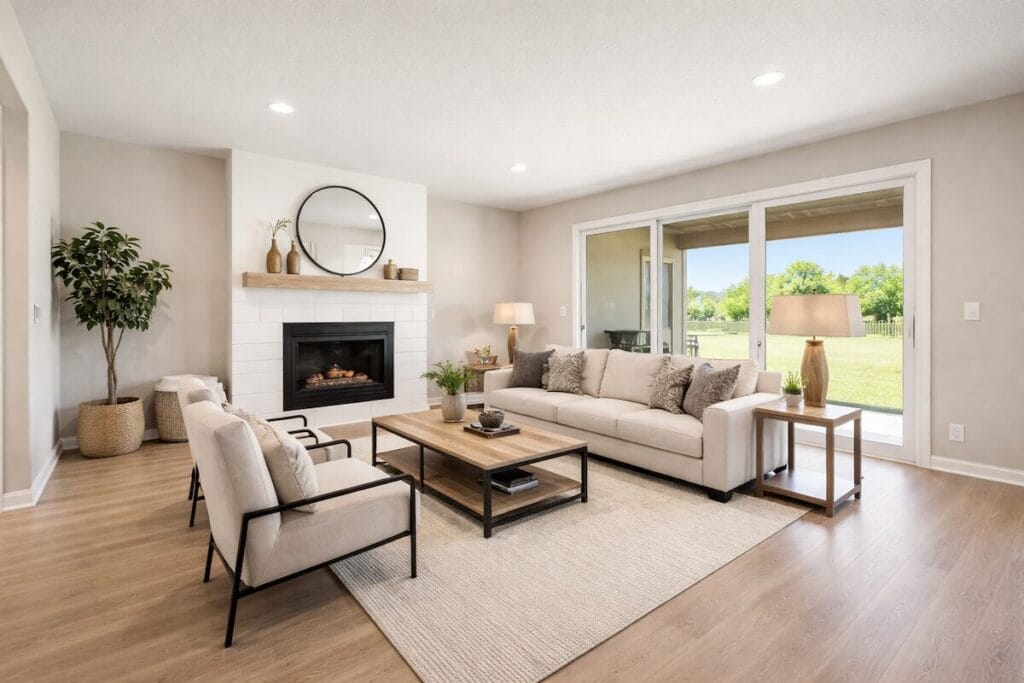 Bright living room with patio access in a new Broken Arrow home