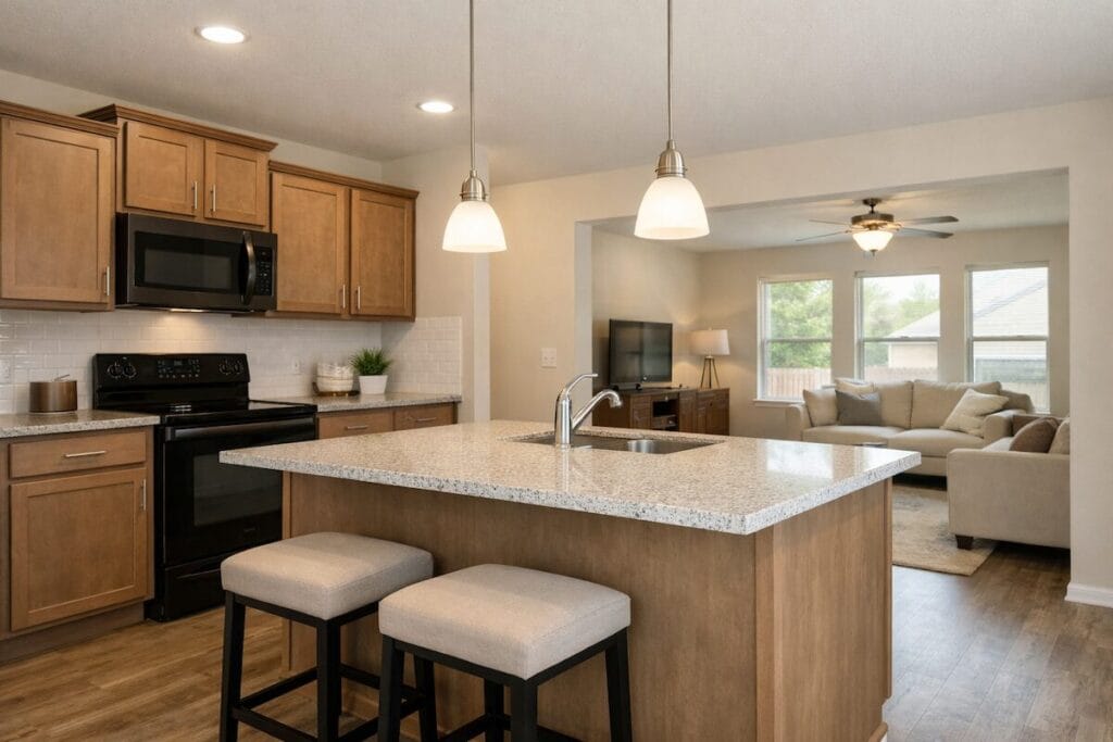 Builder-grade kitchen with island in a newer home in Broken Arrow Oklahoma