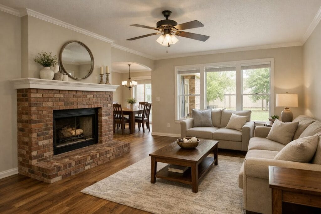 Traditional living room inside Magnolia Gardens home with brick fireplace and open layout