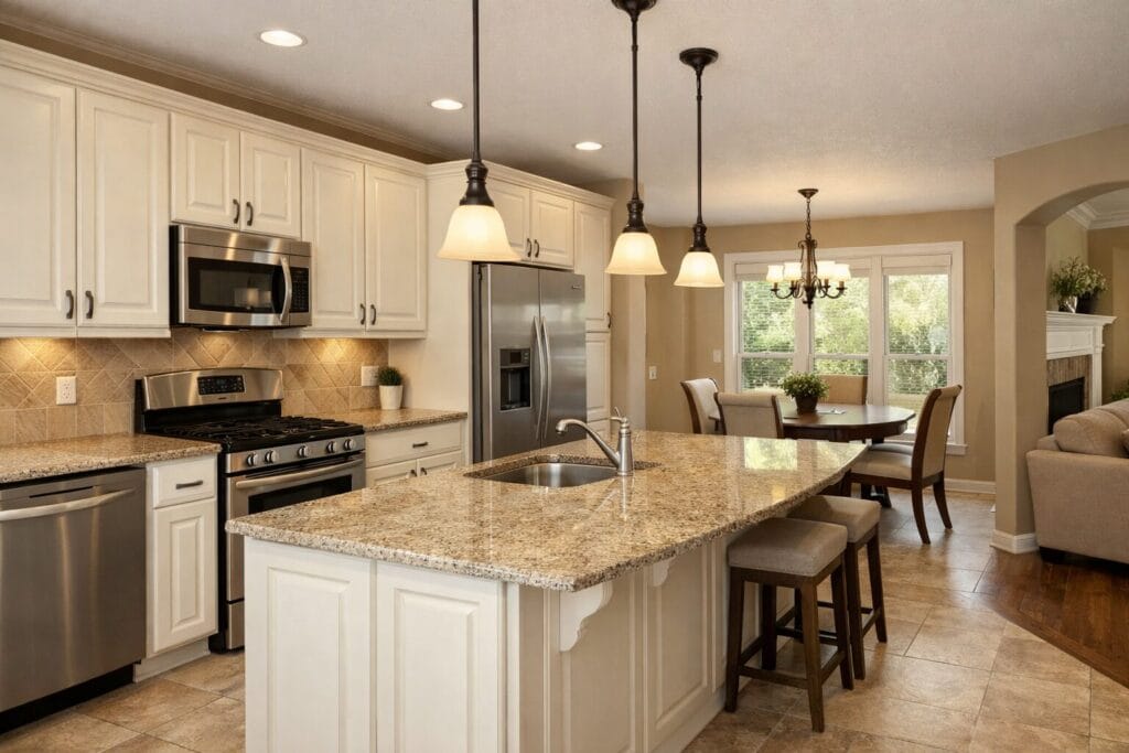Updated kitchen with island and granite countertops in a Broken Arrow golf course home