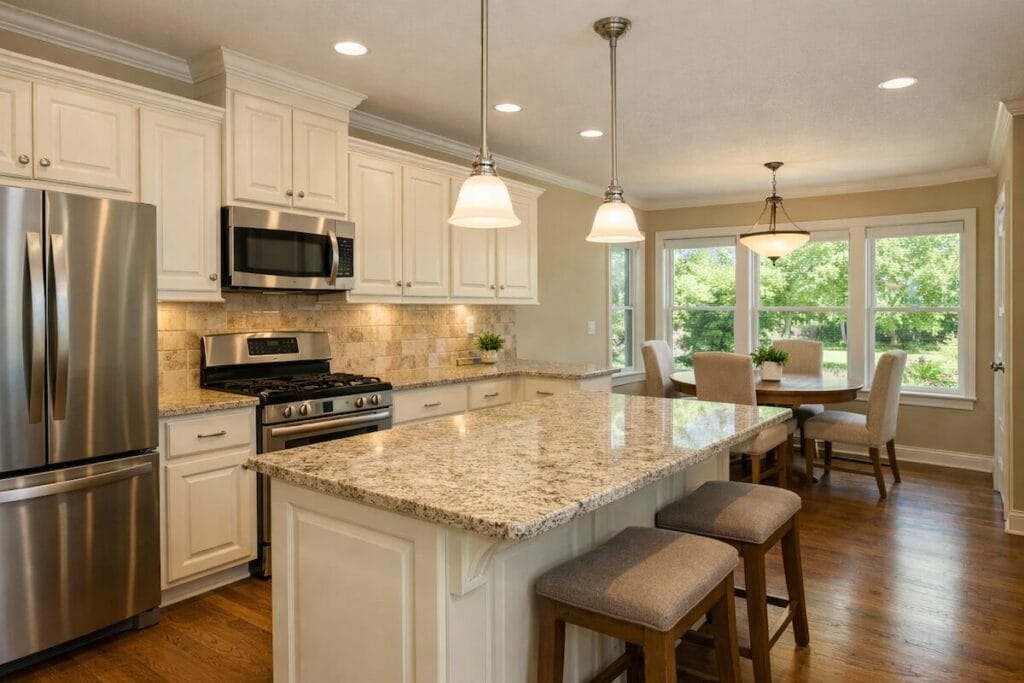 Updated kitchen inside a Shiloh at Battle Creek home with white cabinetry and center island