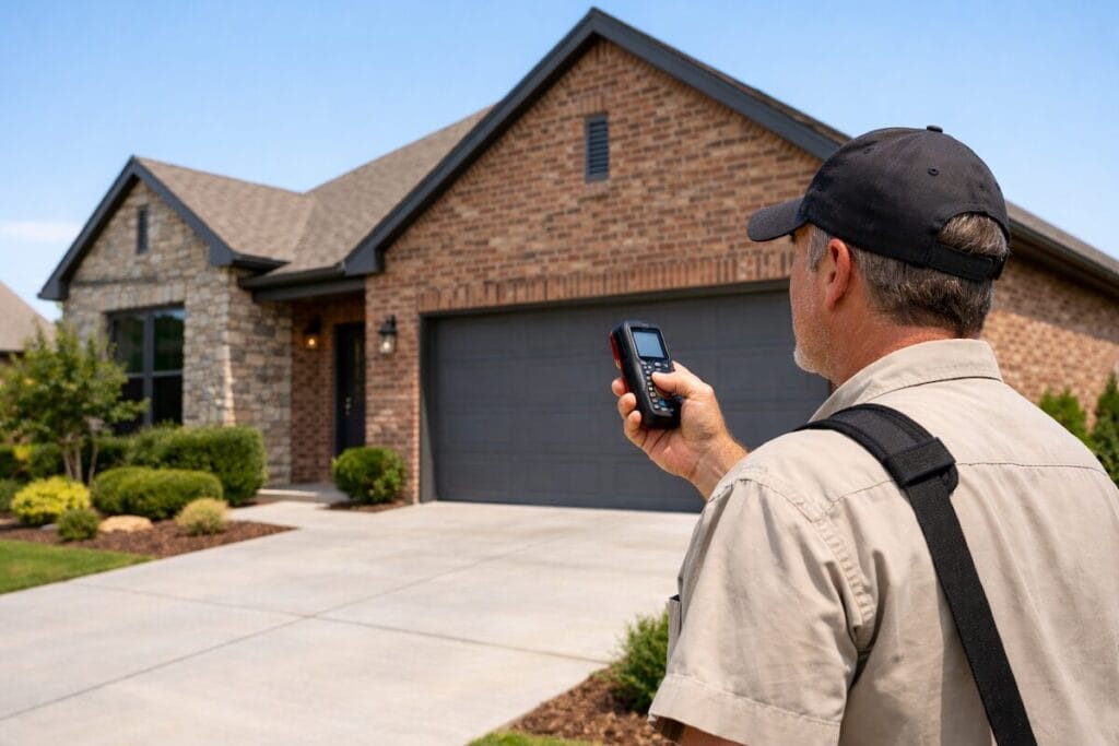 Appraiser measuring exterior of a Tulsa metro home