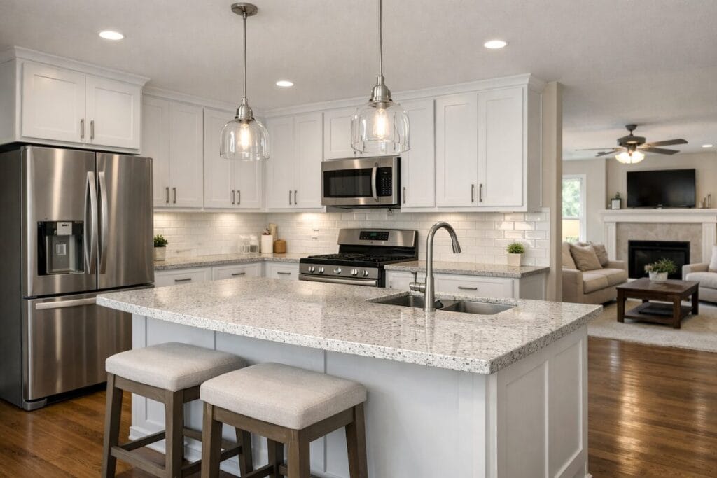 Updated kitchen with white cabinets and quartz countertops in a Gettysburg at Battle Creek home