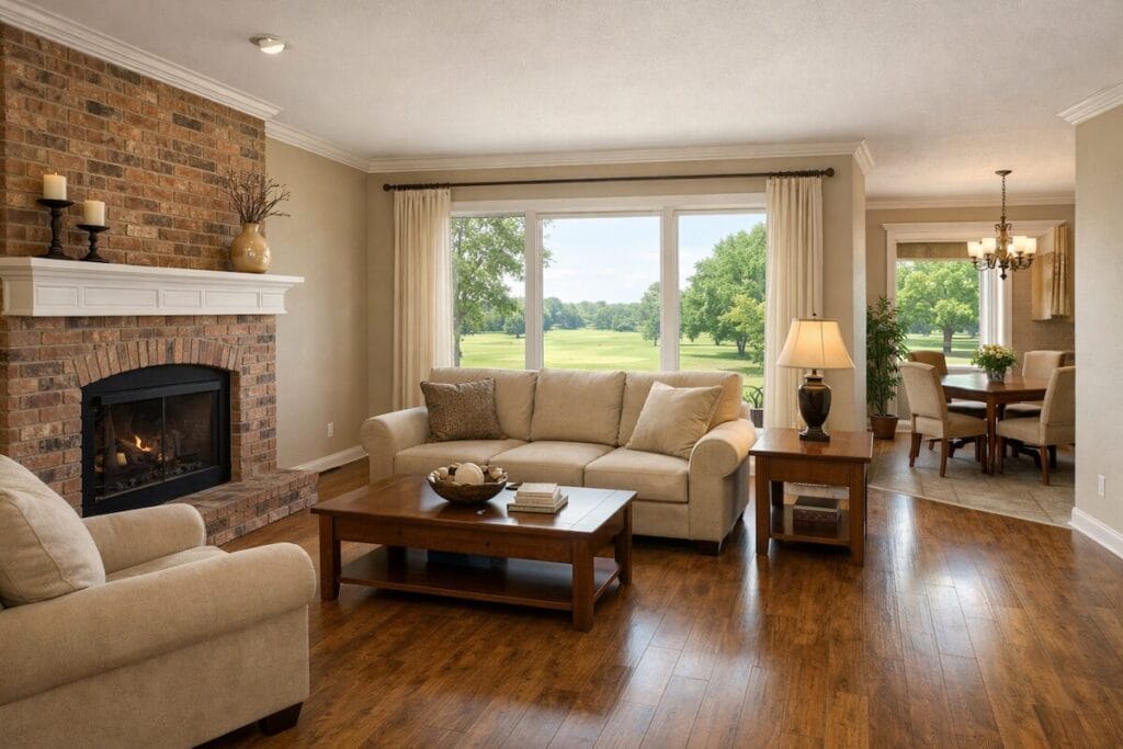 Living room in Wakefield Heights home with brick fireplace and golf course view