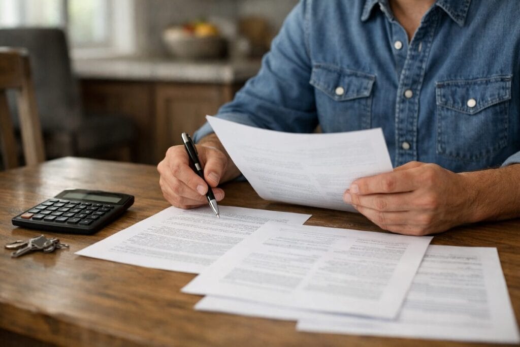 Homebuyer reviewing closing documents with calculator and paperwork