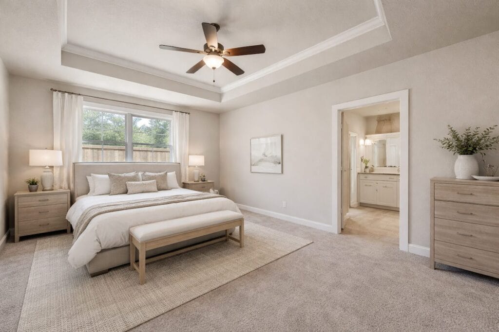 Primary bedroom with tray ceiling in a newer Broken Arrow Oklahoma home