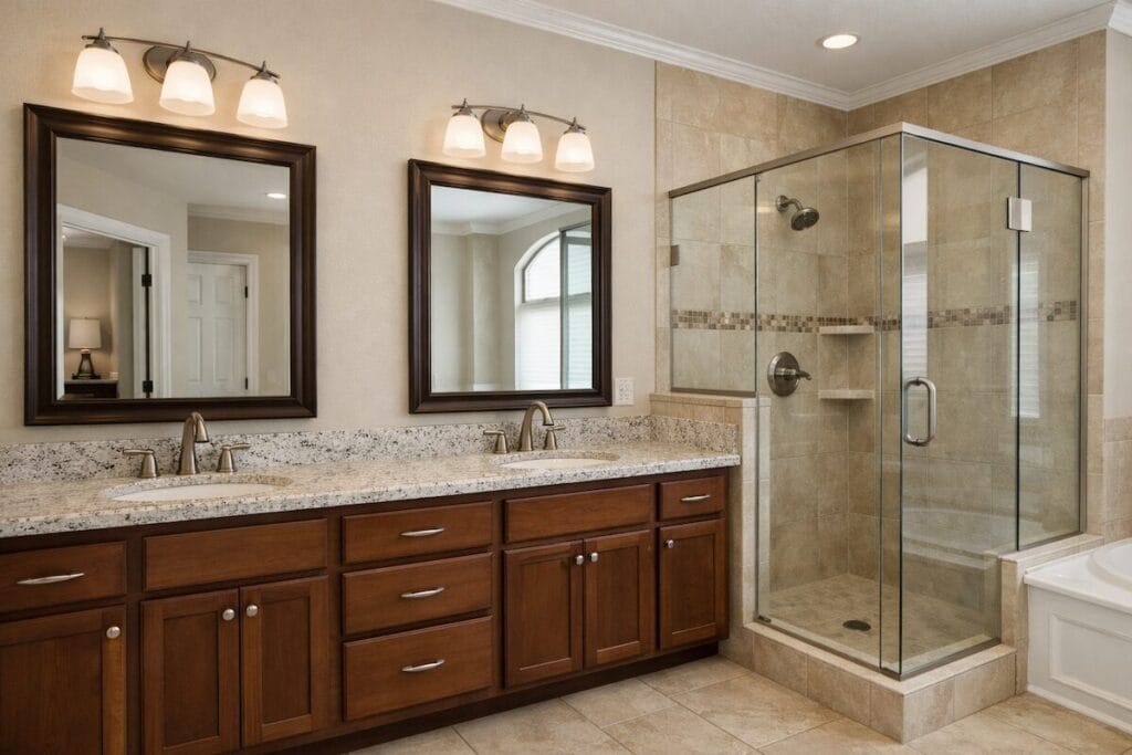 Primary bathroom with double vanity in a Broken Arrow resale home
