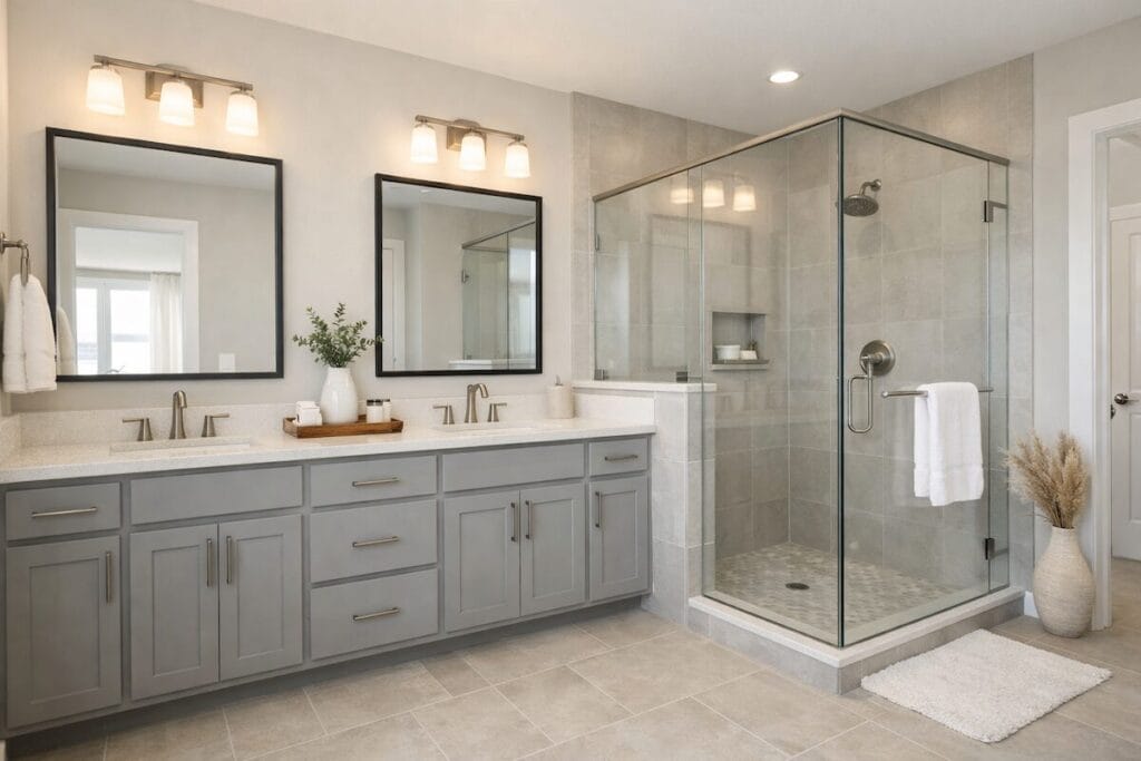 Primary bathroom with double vanity and tiled shower in a new Honey Springs home
