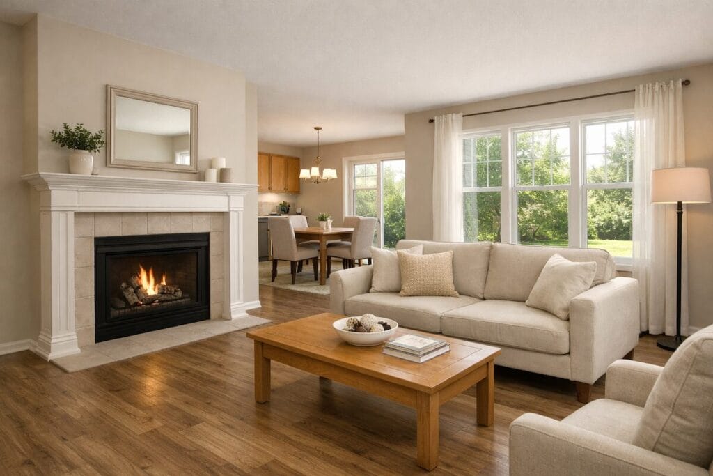 Living room with fireplace and updated flooring in a Gettysburg at Battle Creek home