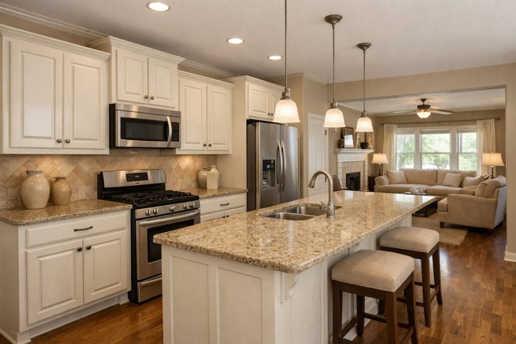 Kitchen interior in Magnolia Gardens home with granite countertops and center island