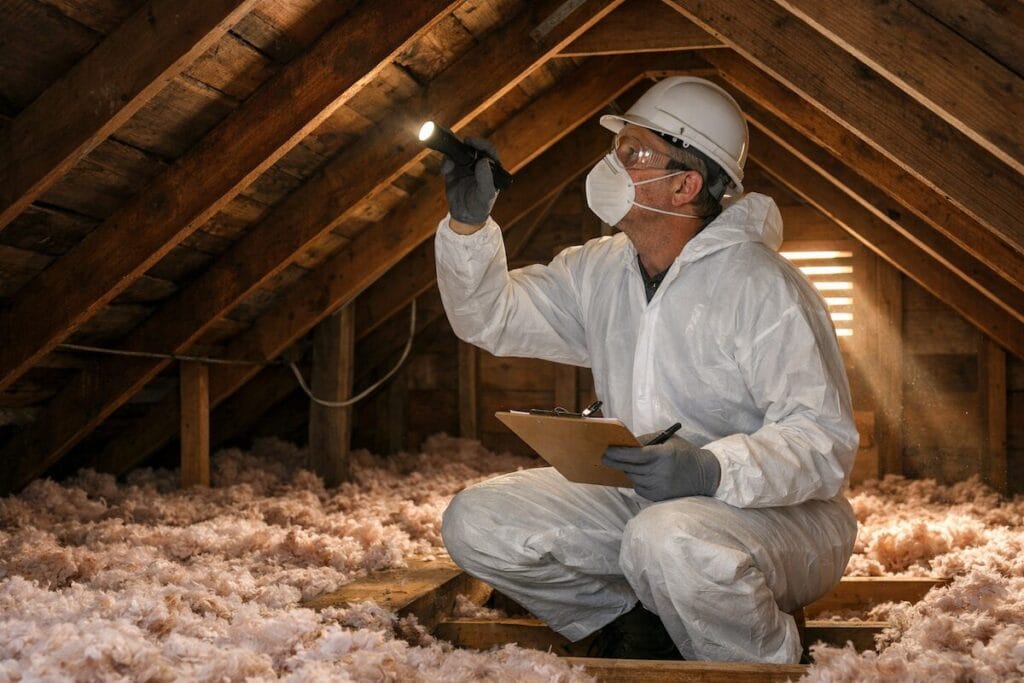 Home inspector checking attic in older Tulsa home
