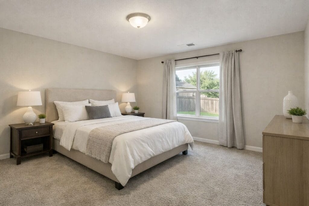 Primary bedroom with neutral finishes in a newer Broken Arrow home