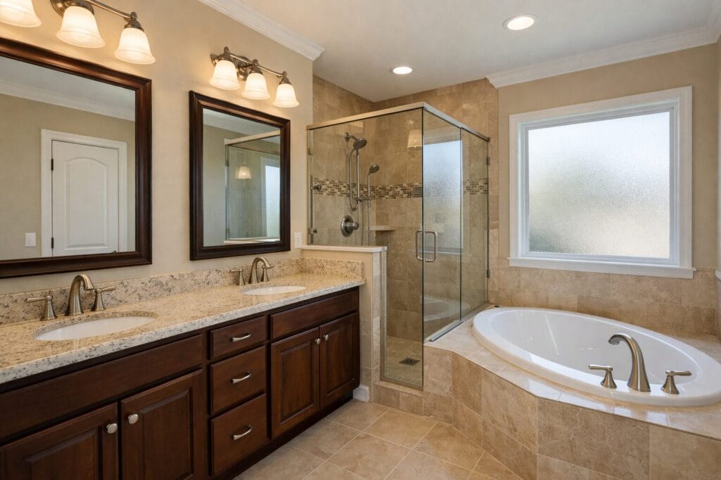 Primary bathroom with double vanity and tiled shower in Shenandoah Valley Broken Arrow