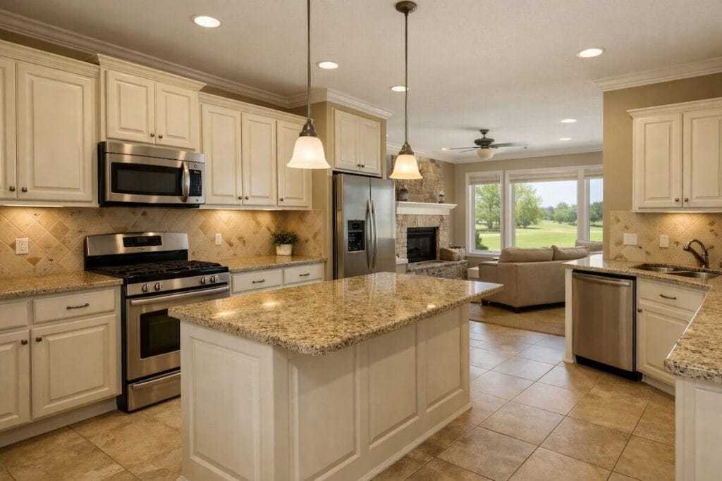 Kitchen inside Wakefield Heights home with granite countertops and island