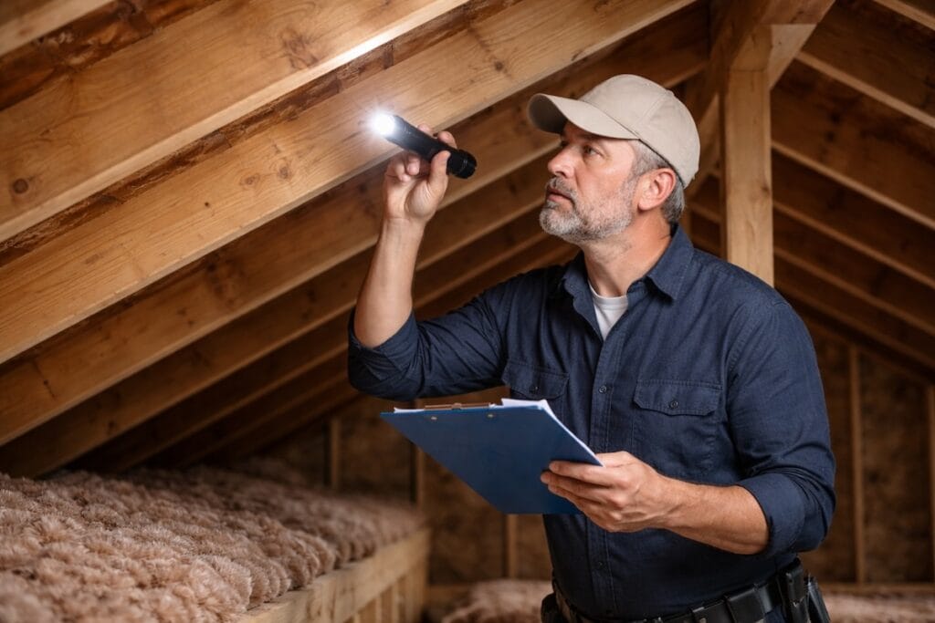 Licensed home inspector evaluating attic framing during Tulsa home inspection period