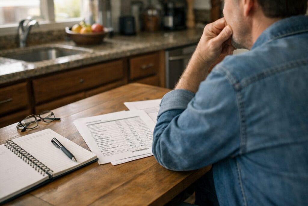 Home seller reviewing an estimated net sheet at a kitchen table